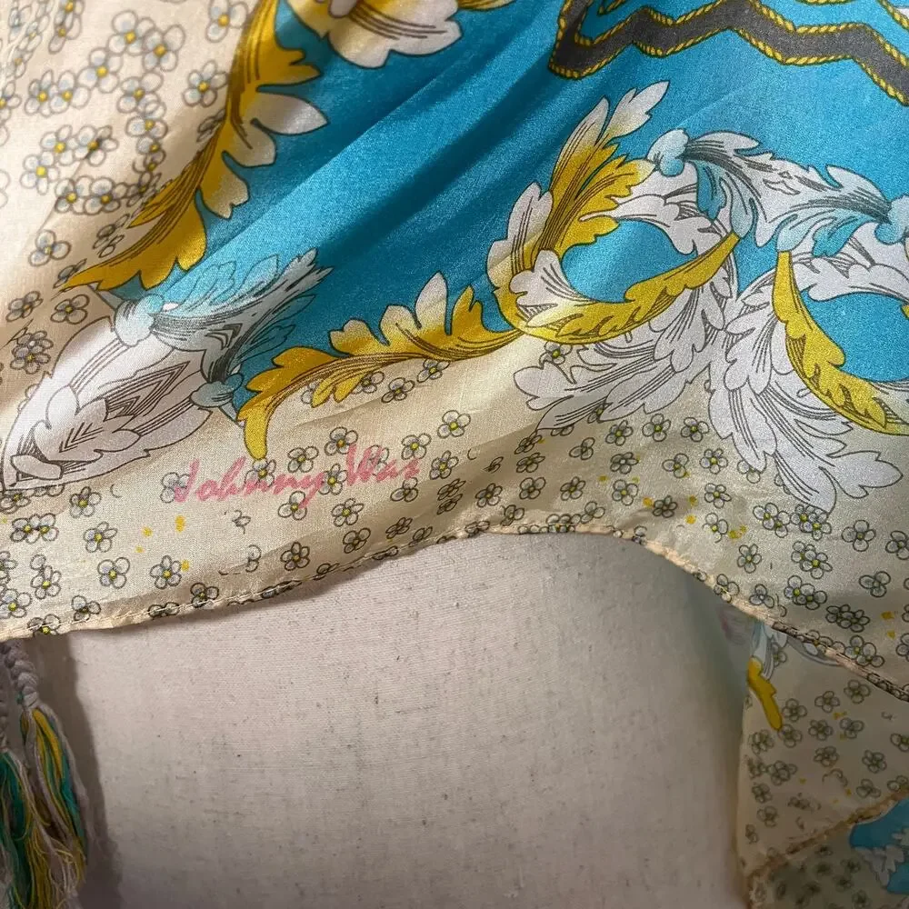 Johnny Was Silk Scarf Tassels Blue Floral Print Square Designer 42x42